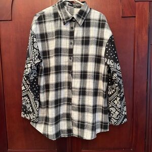 Shein Black and White Plaid Garment with Paisley Sleeves Size L (8/10)